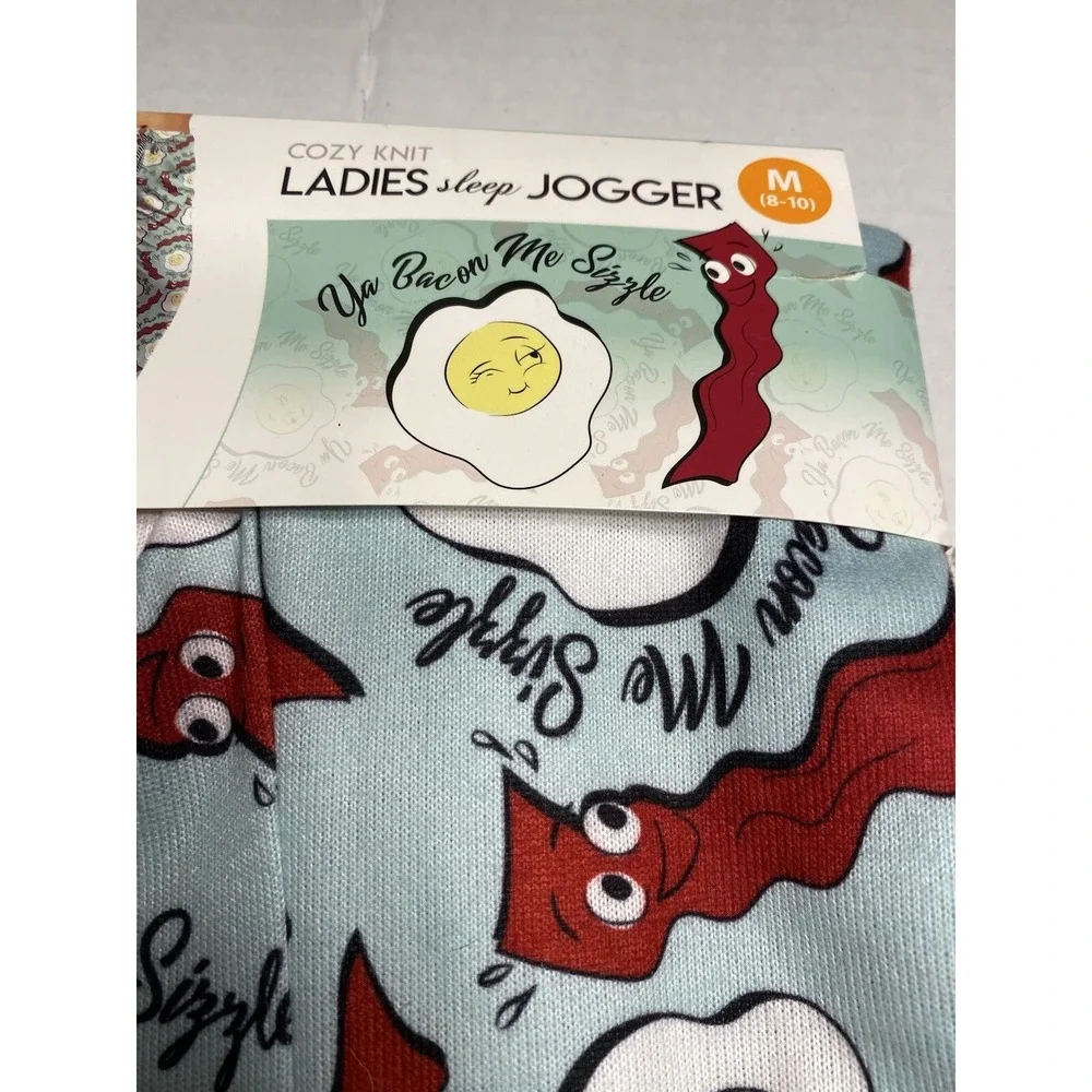 cozy knit womens sleep jogger lounge pants size medium 8 10 bacon‎ eggs